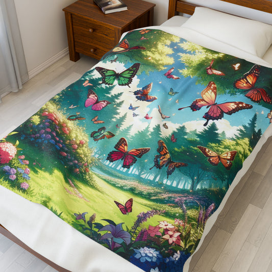 Velveteen Plush Blanket - Butterflies in a Field Design